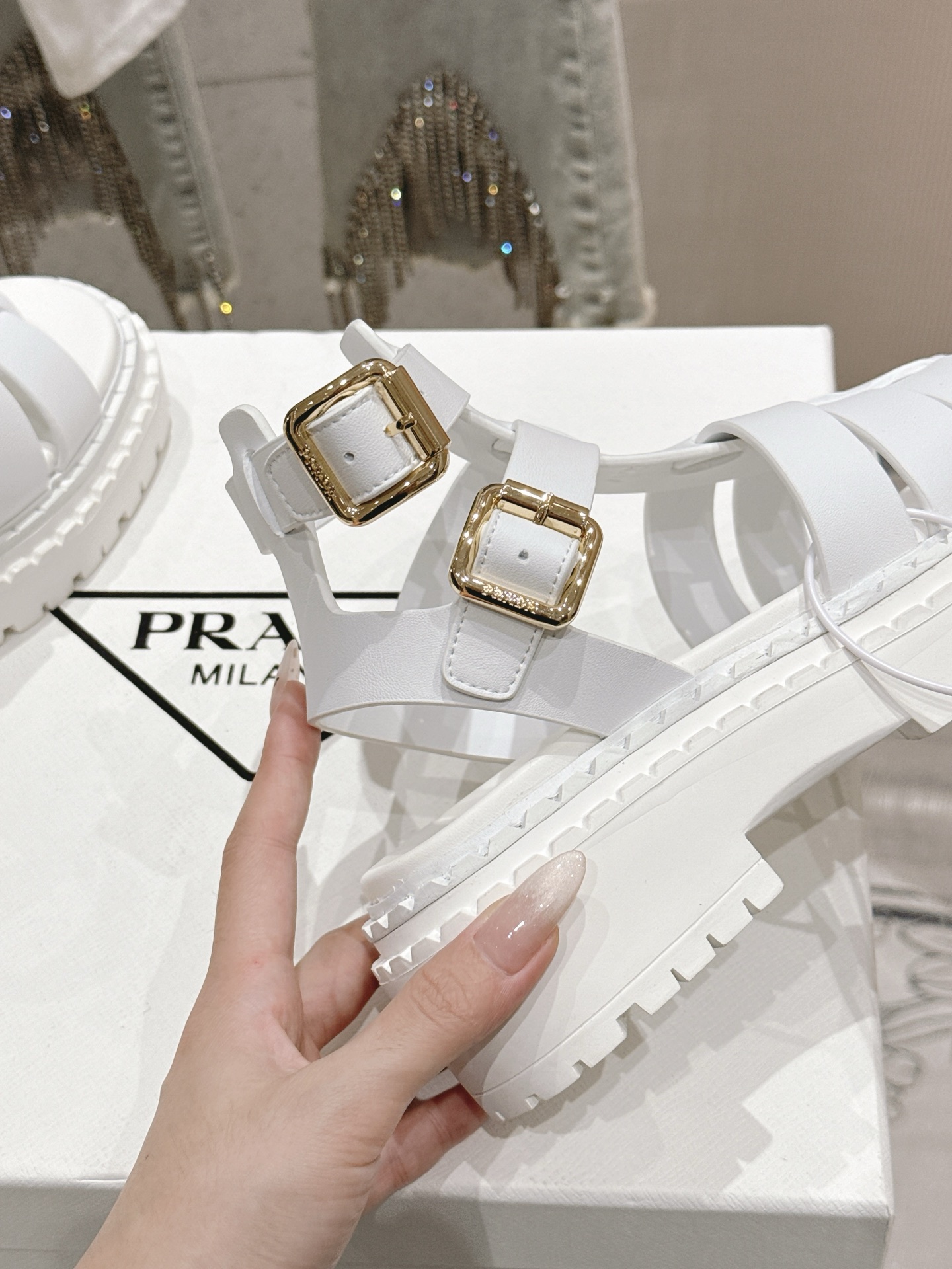 Bagsaaa Pra*a Leather sandals with ankle straps 1X924N white